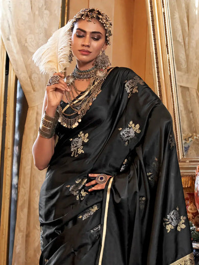 Enchanting Black Zari Weaving Satin Traditional Saree With Blouse